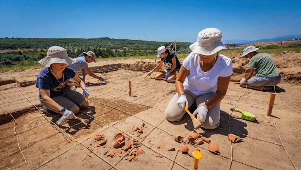 Archaeologists excavating ancient pottery fragments at Odyssey Academy site.