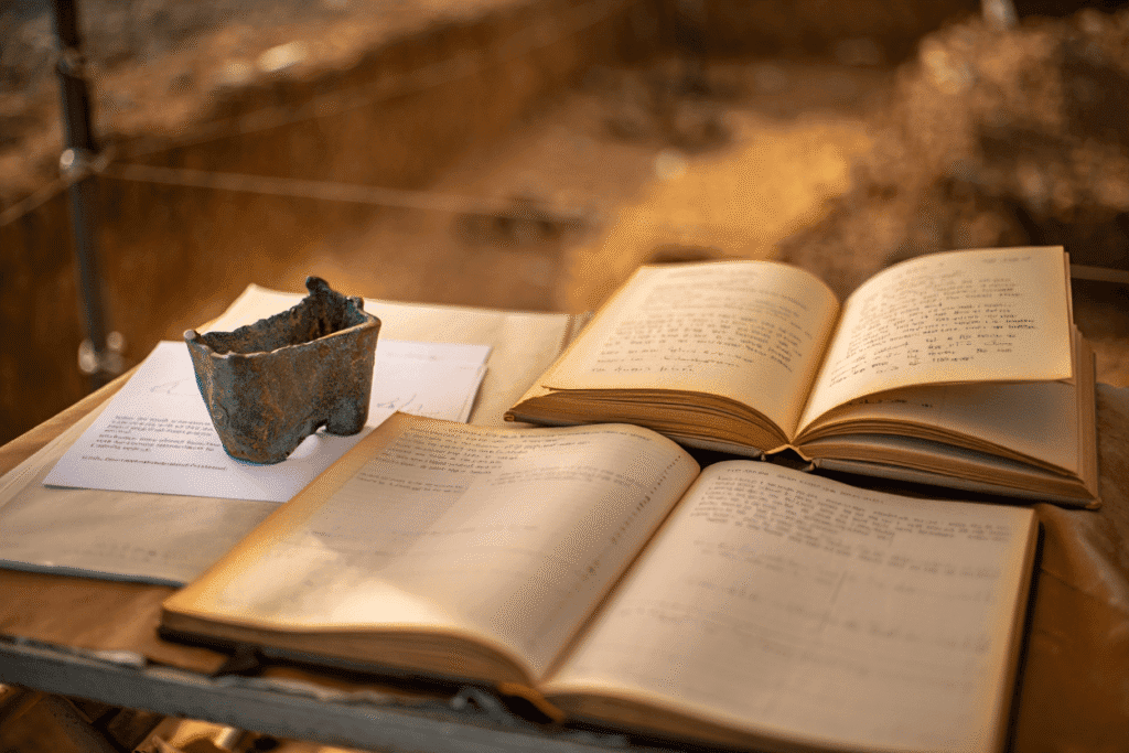 Open books and ancient artifacts at Odyssey Academy for learning and history.