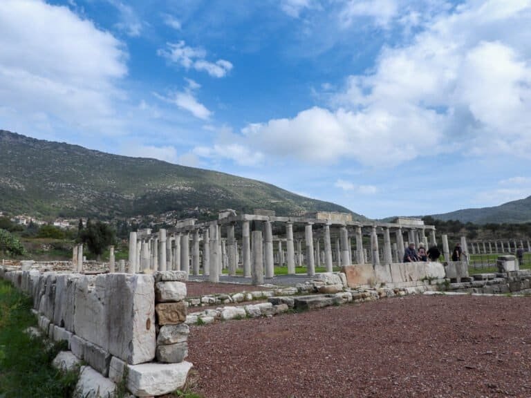 Historical Greek ruins with columns at Odyssey Academy site.