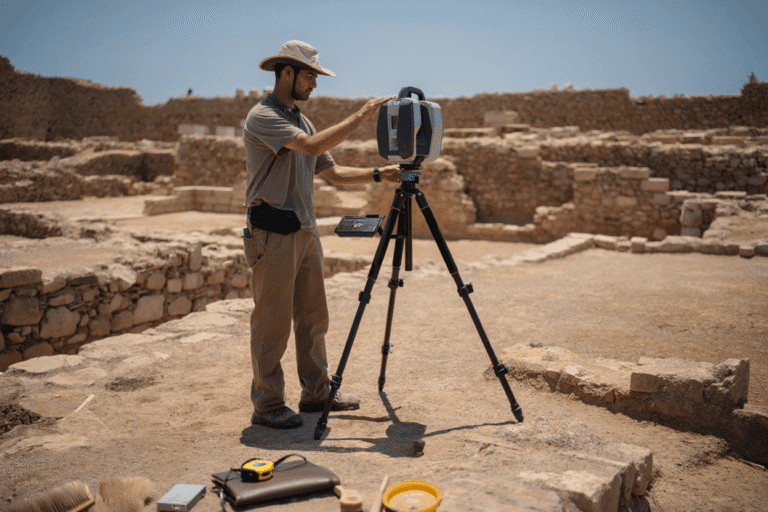 Archaeologist setting up equipment at ancient ruins archaeological site.