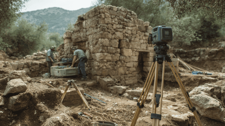 Excavation site with camera setup capturing archaeological ruins at Odyssey Academy.