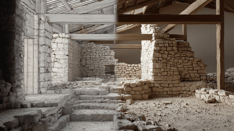 Archaeological site with stone ruins and wooden scaffolding at Odyssey Academy.