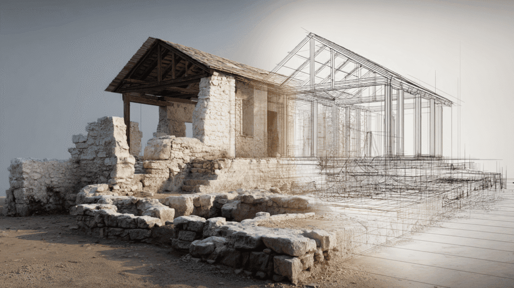 Ancient ruins blending with modern construction framework.