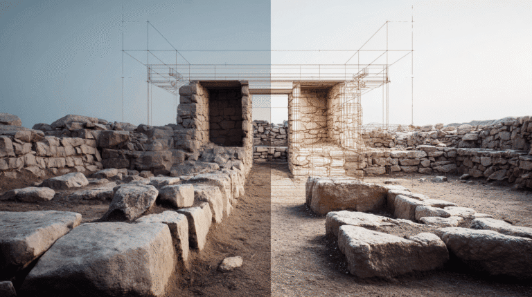 Archaeological site with stone ruins and construction outline at Odyssey Academy.