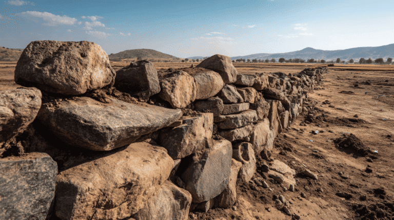 Ancient stone wall in a dry desert landscape with mountains in the background.