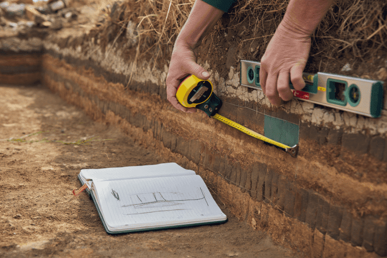 Excavator measuring soil depth for construction at Odyssey Academy site.