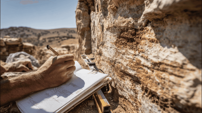 Person documenting ancient rock carvings on a cliff face in a desert landscape.