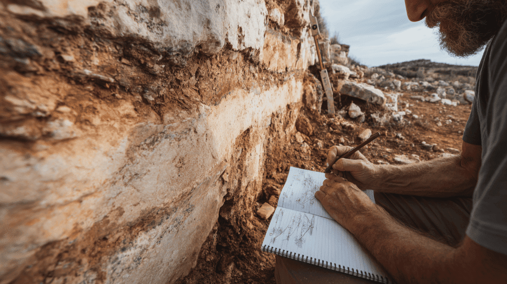 Archaeologist documenting findings at Odyssey Academy archaeological site.