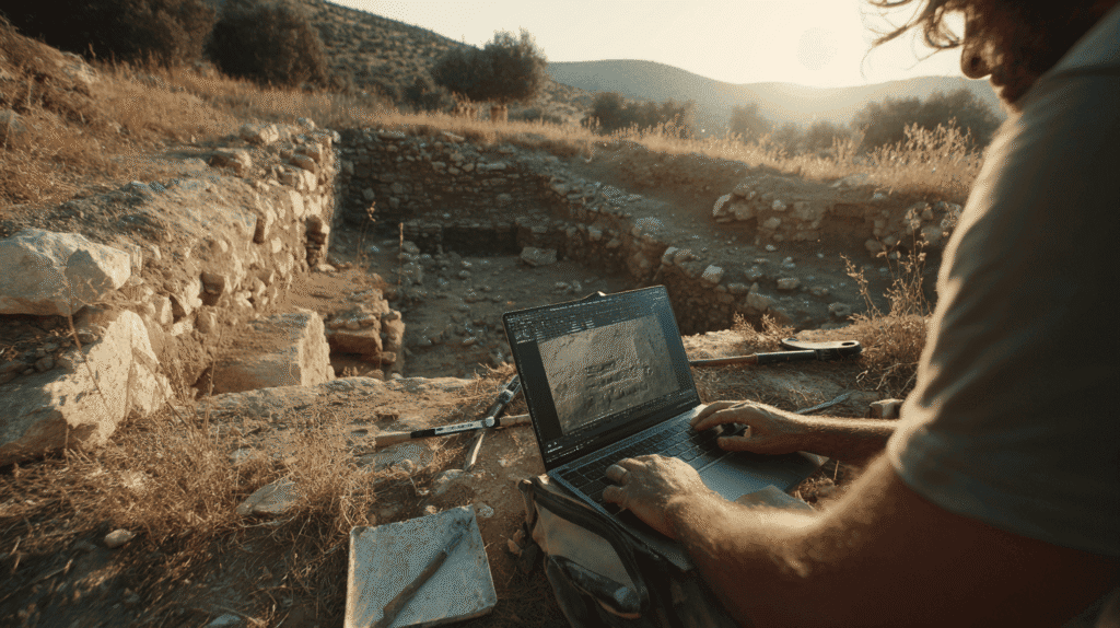 Ancient archaeological site with a person using a laptop amidst ruins and open landscape.