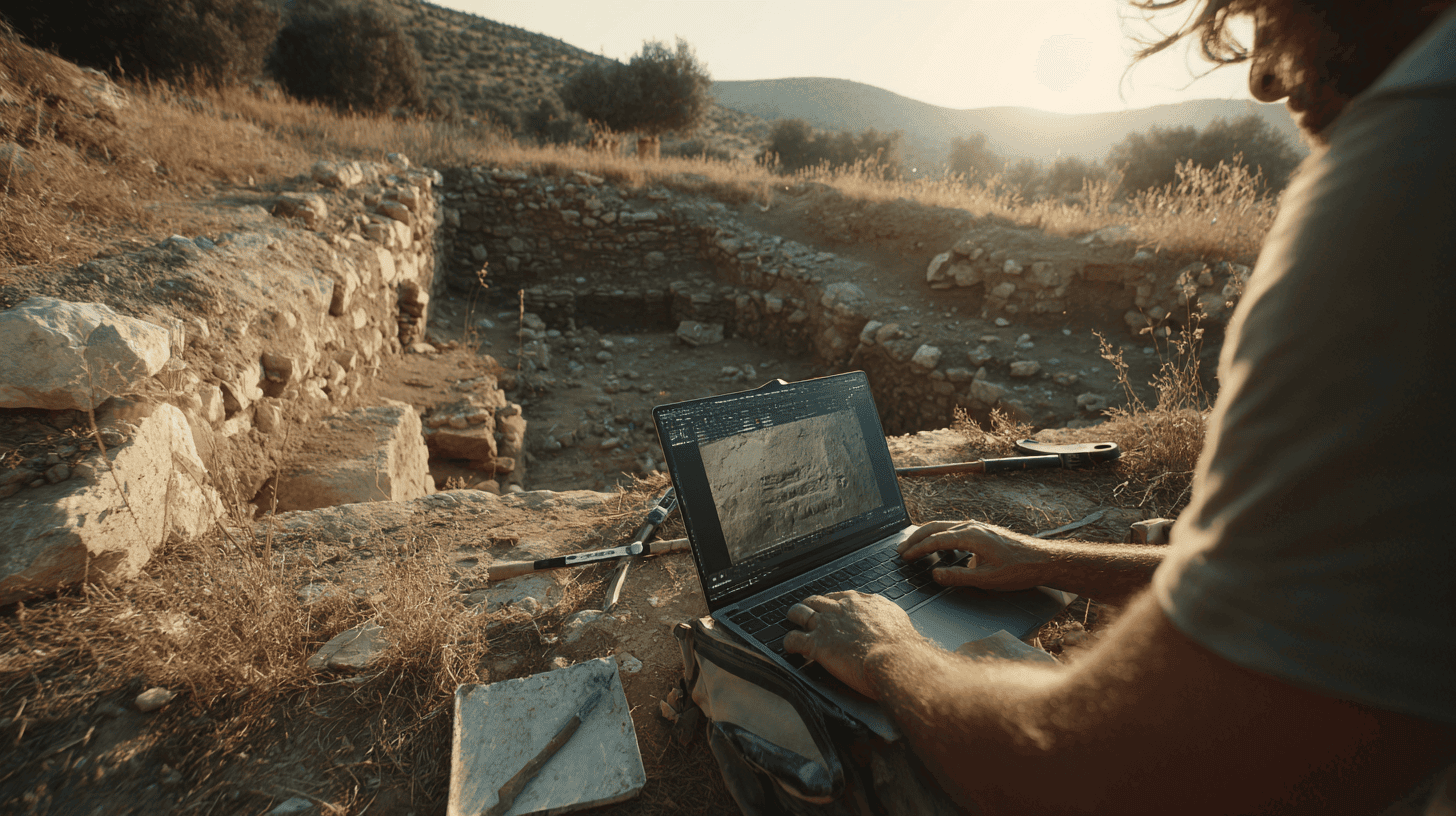 Ancient archaeological site with a person using a laptop amidst ruins and open landscape.