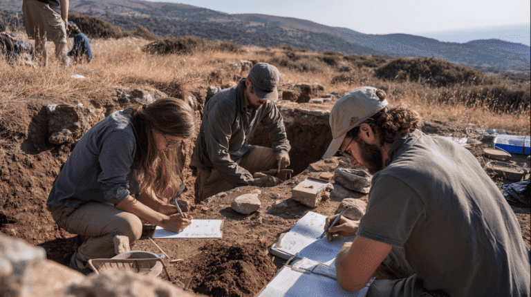 Archaeologists excavating artifacts at an outdoor archaeological site.
