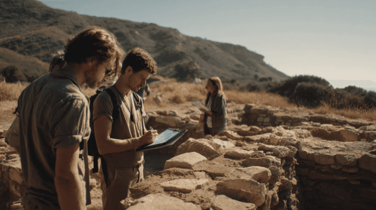 Students exploring archaeological site outdoors for educational purposes.