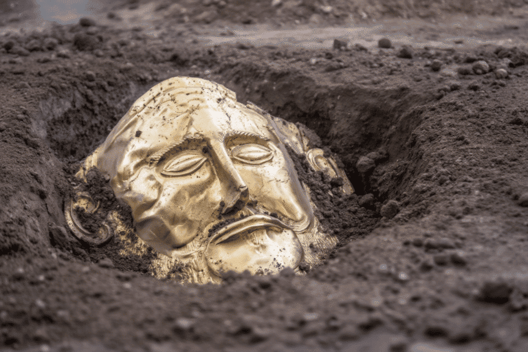 Ancient gold mask unearthed during archaeological excavation.