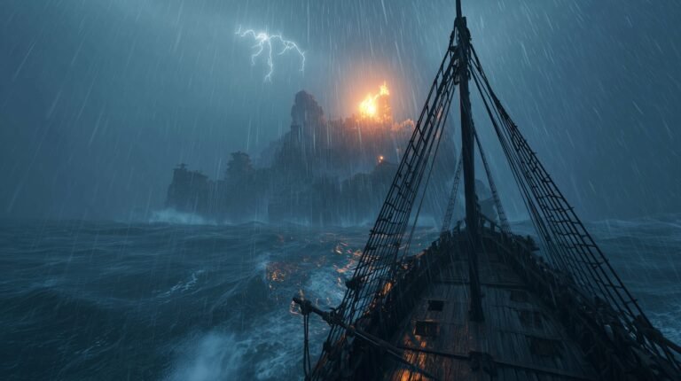 A violent sea, a merciless coast, and a fire placed with wicked intent. The pirate watches from the shadows as the glowing trap draws another victim toward the crashing reef.