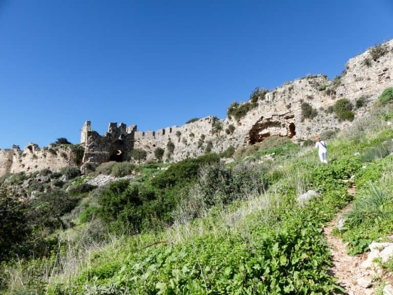 Ancient castle ruins overlooking a lush green hillside under a clear blue sky.