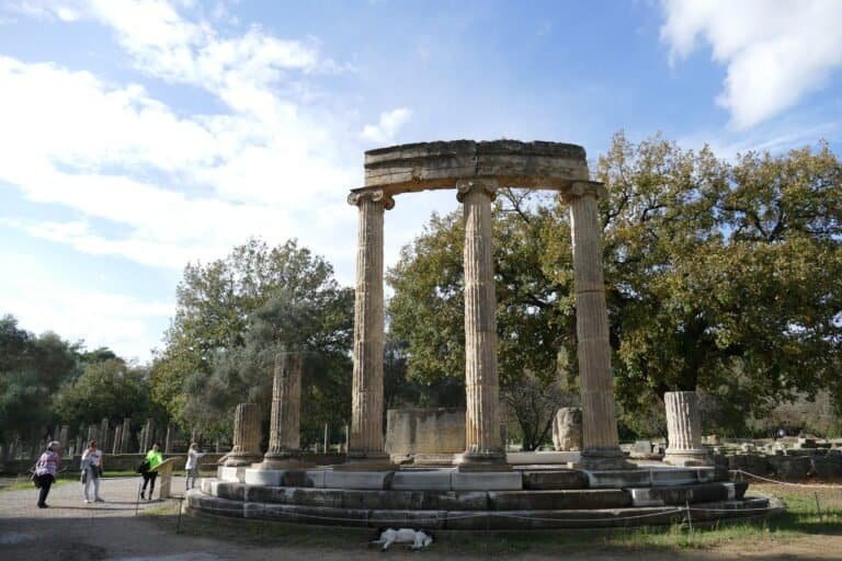 Ancient Roman ruins with columns at Odyssey Academy, showcasing historical architecture and cultural.