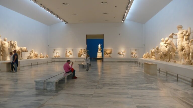 Modern art sculptures displayed in Odyssey Academy gallery.