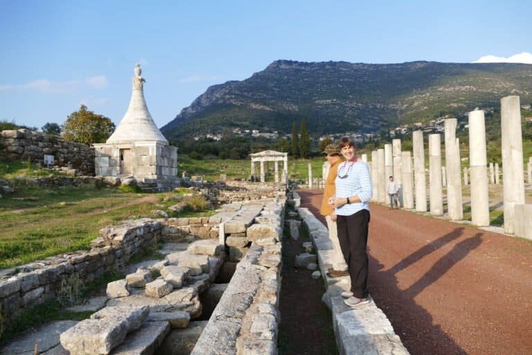Ancient ruins with columns and a mountain backdrop at Odyssey Academy site.