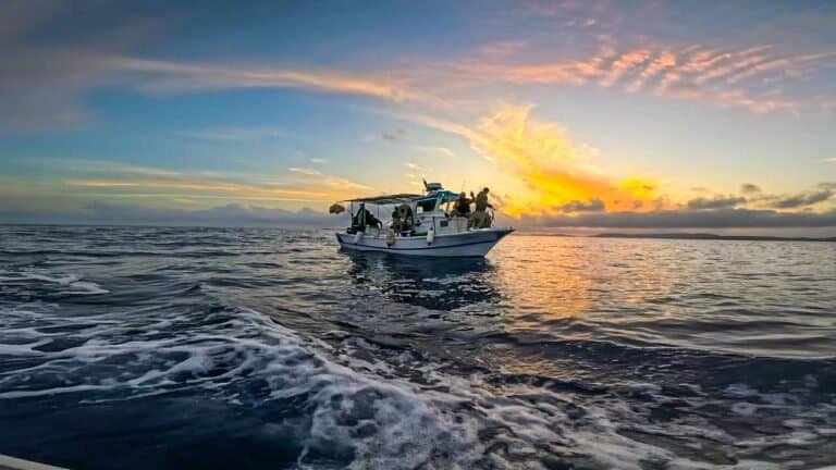 Boat sailing on calm ocean waters during a vibrant sunset.