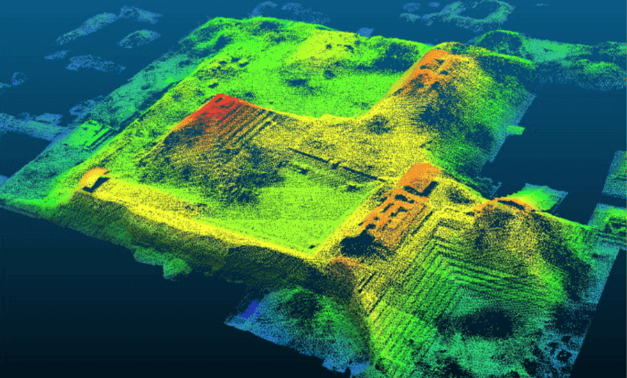 LiDAR scan of an archaeological coastal site revealing submerged structures.