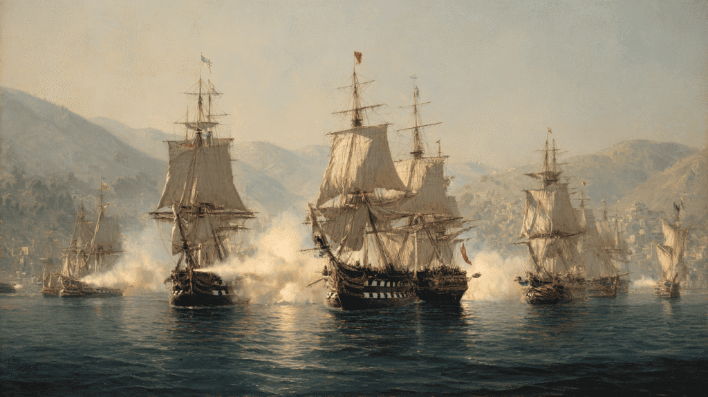 Historic sailing ships at sea, representing adventure and exploration.