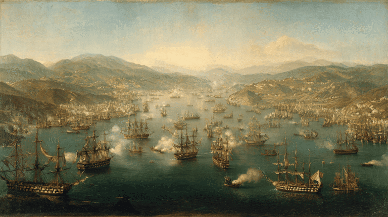 Historic naval battle with ships on a large river, landscape background.
