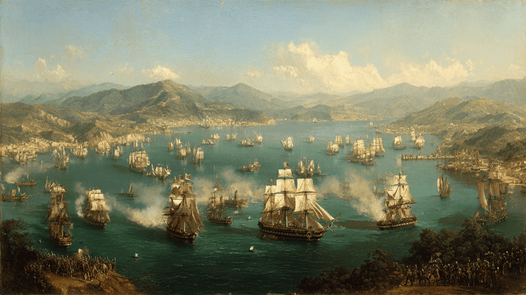 Historic naval fleet with sailing ships on a large body of water.