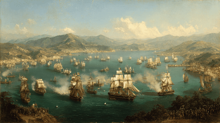 Historic naval fleet with sailing ships on a large body of water.