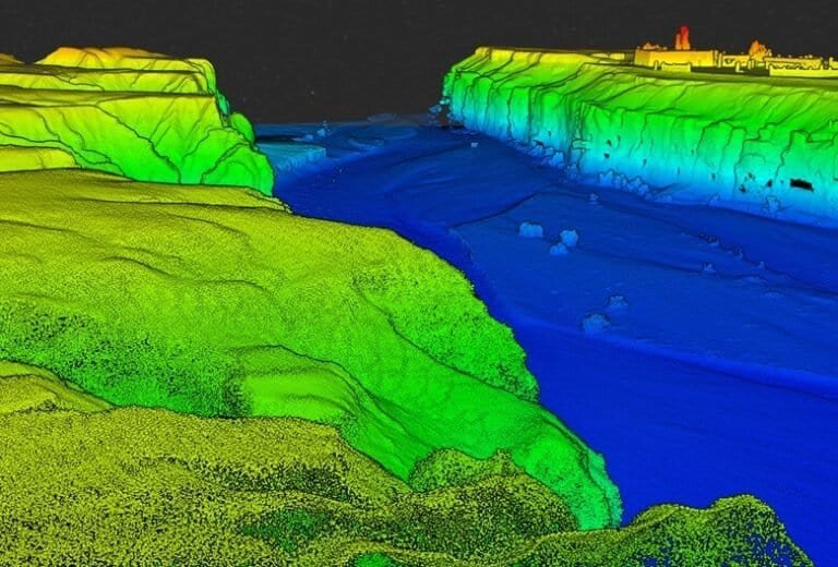 LiDAR scan of coastal archaeological site revealing submerged structures.