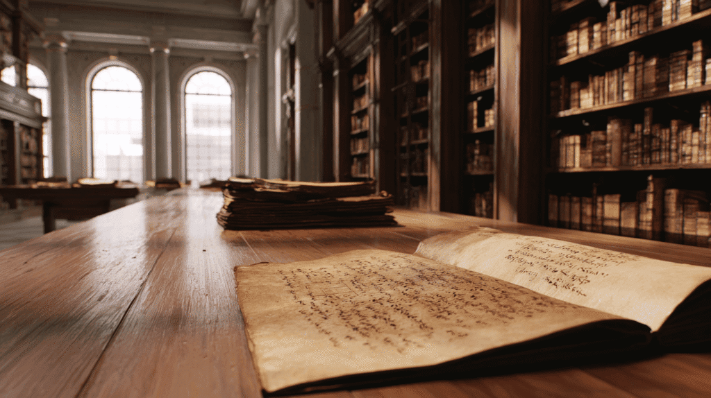 Ancient library interior with old books, manuscripts, and large windows providing natural light.